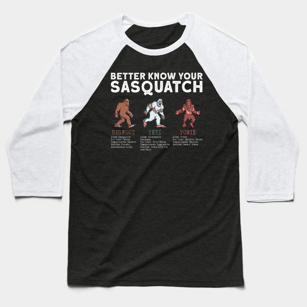 Better Know Your Sasquatch - Bigfoot Sasquatch Yeti Baseball T-Shirt by Anassein.os